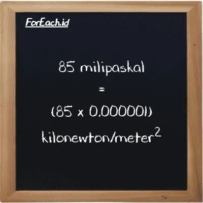 Cara konversi milipaskal ke kilonewton/meter<sup>2</sup> (mPa ke kN/m<sup>2</sup>): 85 milipaskal (mPa) setara dengan 85 dikalikan dengan 0.000001 kilonewton/meter<sup>2</sup> (kN/m<sup>2</sup>)